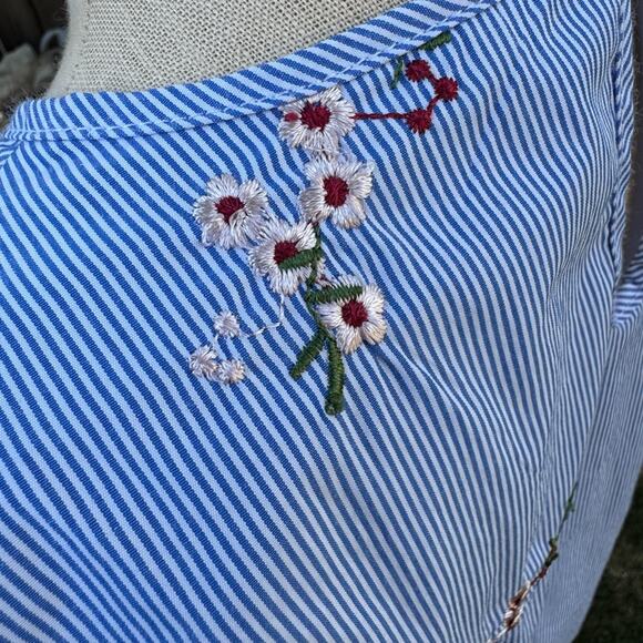 Love Scarlett Blue and White Striped Floral Ruffed Cold Shoulder Blouse Small - Picture 7 of 10